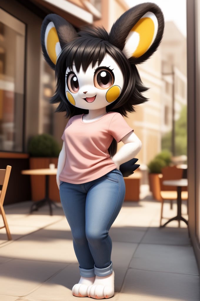 solo (anthro female emolga),
(light pink t-shirt, denim jeans, narrow body, young, paws, black hair, body fur, fur tufts, fur fluff, happy, big eyes, big eyelashes, glistening eyes, very cute, sexy pose, curvy body, full body outside, cafe, inside, hot sunny day, standing)
3d, masterpiece, close up,