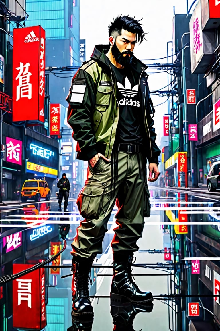 The image is epic, an imposing Japanese man, short and thin, with black hair and a well-kept beard, he has wolfish features, he is wearing an Adidas jacket, tactical cargo pants, high black military boots, he is using a mobile phone. beard, rogue, punk boots, The background represents a cybercity, electrical reflections, mechanical spiders crawl on the floor, pircings,