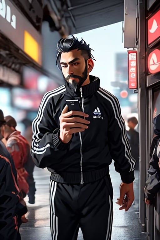 thirty years old, Japanese, black short hair, white long streak, black adidas tracksuit, thin, short beard, cyberpunk style, ninja, wherewolf style, has a smartphone in one hand,
,1guy