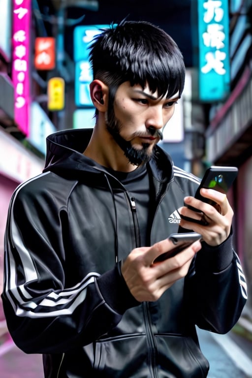 thirty years old, Japanese, black short hair, white long streak, black adidas tracksuit, thin, short beard, cyberpunk style, ninja, wherewolf style, has a smartphone in his hand,
