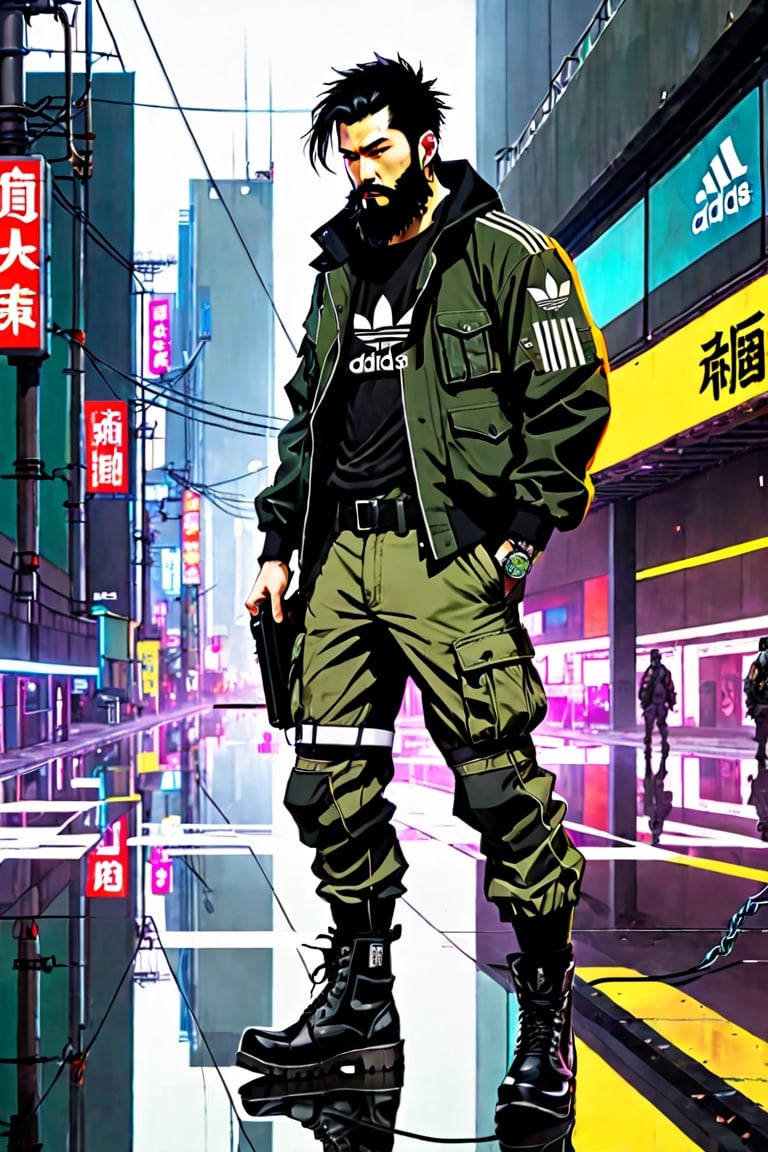 The image is epic, an imposing Japanese man, short and thin, with black hair and a well-kept beard, he has wolfish features, he is wearing an Adidas jacket, tactical cargo pants, high black military boots, he is using a mobile phone. beard, rogue, punk boots, The background represents a cybercity, electrical reflections, mechanical spiders crawl on the floor, pircings,