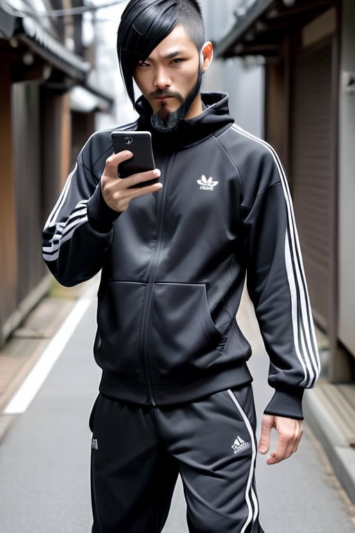 thirty years old, Japanese, black short hair, white long streak, black adidas tracksuit, thin, short beard, cyberpunk style, ninja, wherewolf style, has a smartphone in his hand,
