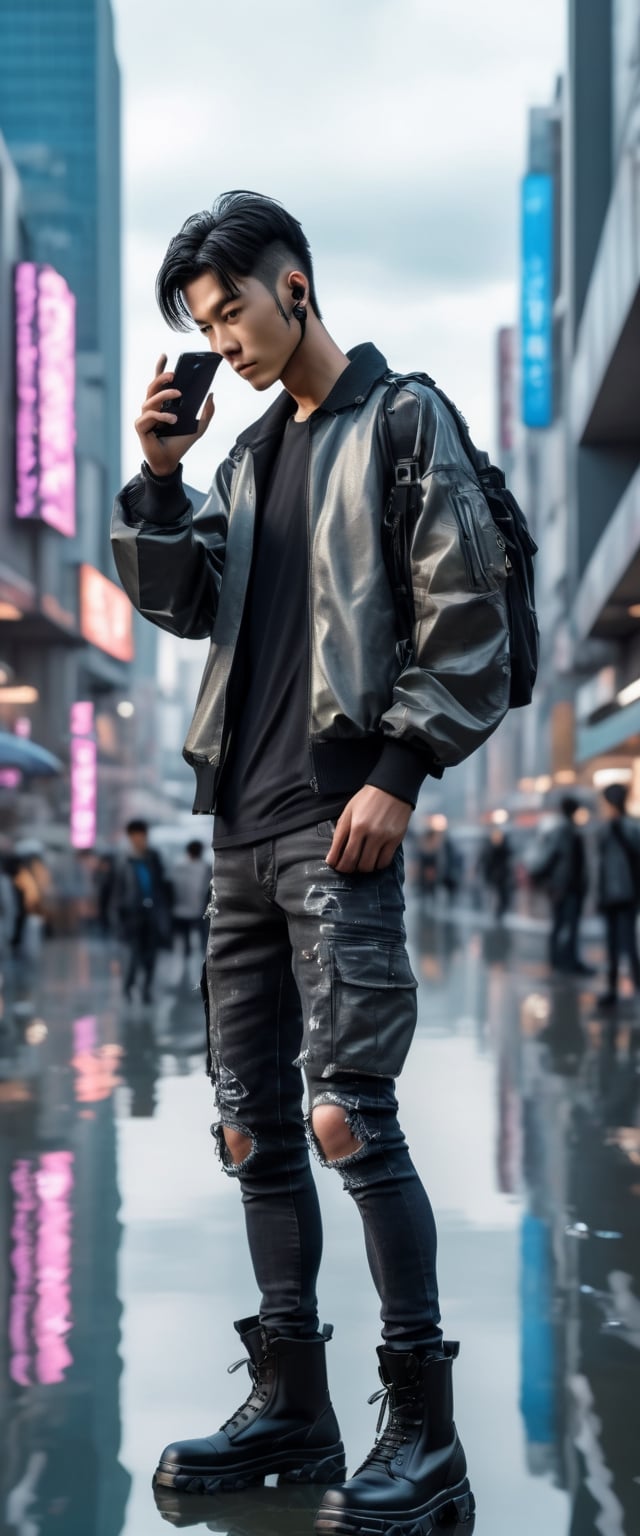 Super realistic image, 8k, on a futuristic city background, mechanical spiders, electric reflections, water shadows. 

 a young Japanese man, short and thin, with black hair and well-groomed beard, sports jacket, cargo jeans, black military boots, uses a mobile phone, like Matrix Styles, 