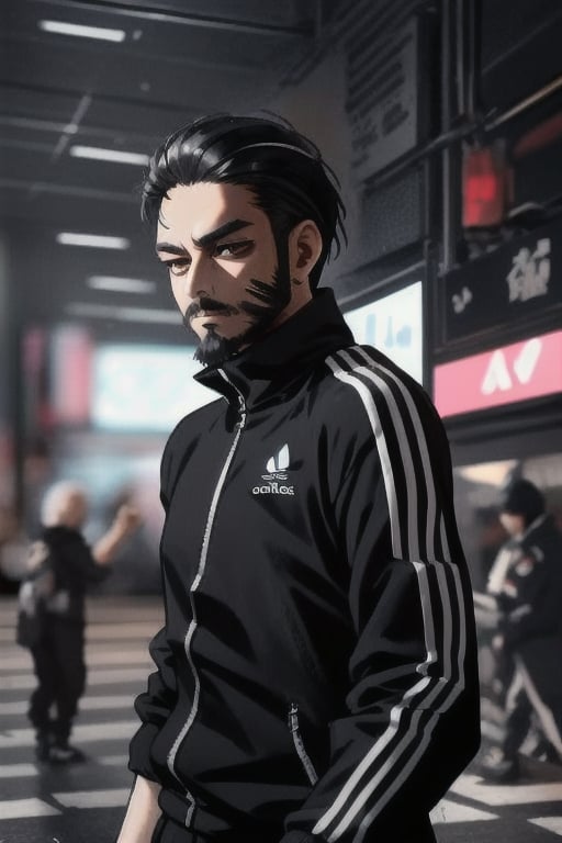 thirty years old, Japanese, black short hair, white long streak, black adidas tracksuit, thin, short beard, cyberpunk style, ninja style, wherewolf style