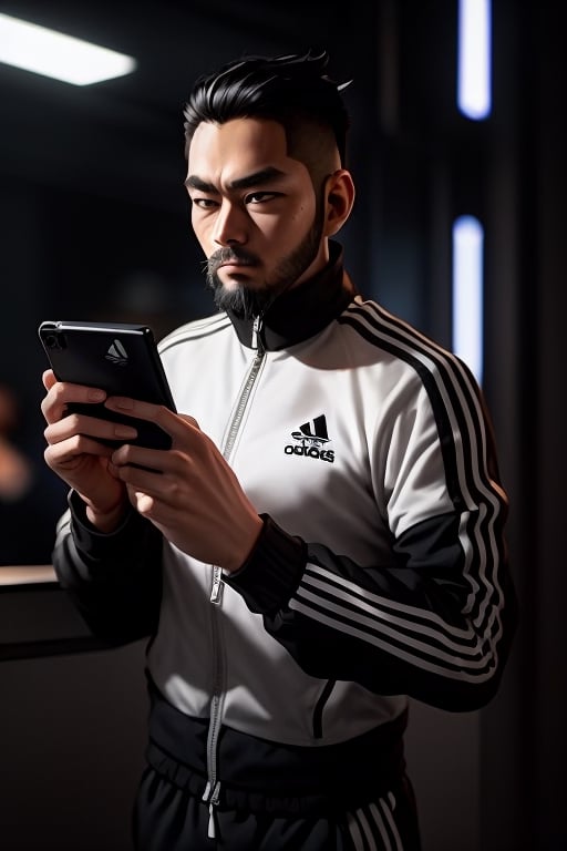 thirty years old, Japanese, black short hair, white long streak, black adidas tracksuit, thin, short beard, cyberpunk style, ninja, wherewolf style, has a smartphone in one hand,
,1guy