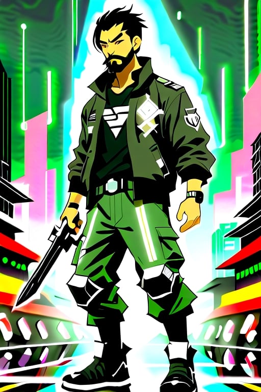 The image is epic, an imposing Japanese man, short and thin, with black hair and a well-kept beard, he has wolfish features, he is wearing an Adidas jacket, tactical cargo pants, high black military boots, he is using a mobile phone. beard, rogue, punk boots, The background represents a cybercity, electrical reflections, mechanical spiders crawl on the floor, pircings,