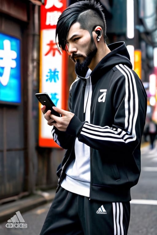 thirty years old, Japanese, black short hair, white long streak, black adidas tracksuit, thin, short beard, cyberpunk style, ninja, wherewolf style, has a smartphone in one hand,
