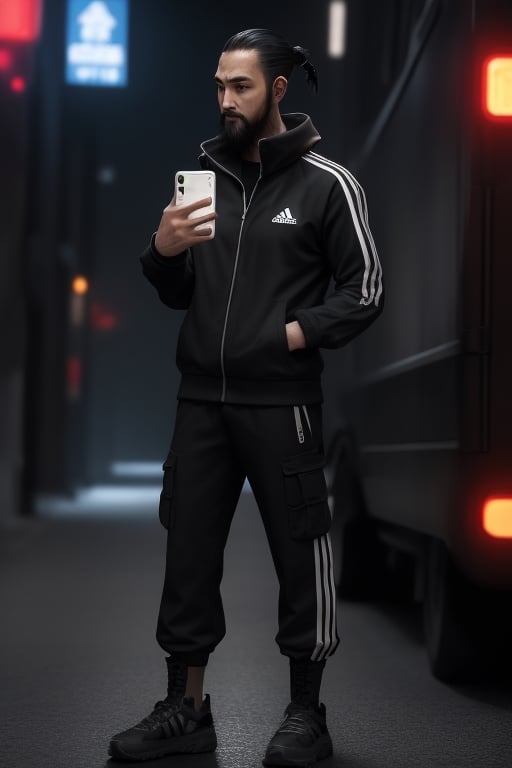 thirty years old, Japanese, black short hair, white long streak, black adidas tracksuit, thin, short beard, cyberpunk style, ninja, wherewolf style, has a smartphone in one hand, dark cargo pants, military boots
