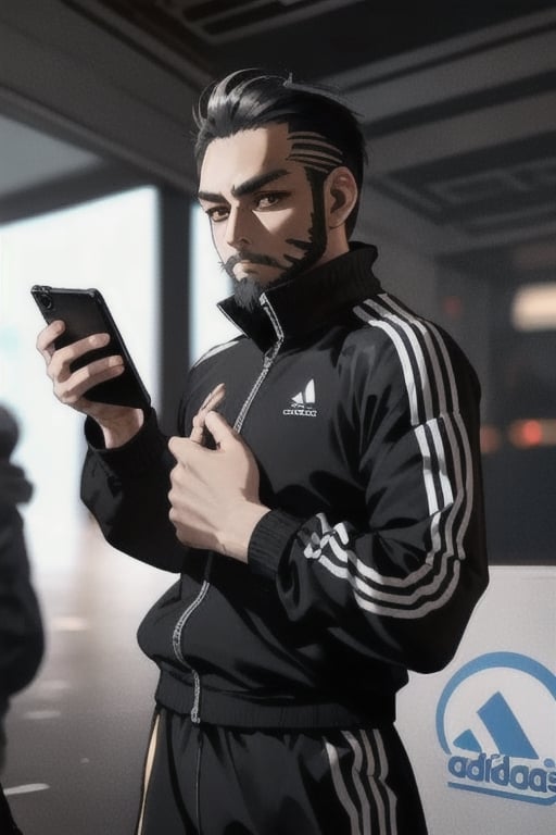 thirty years old, Japanese, black short hair, white long streak, black adidas tracksuit, thin, short beard, cyberpunk style, ninja, wherewolf style, has a smartphone in one hand,
,1guy