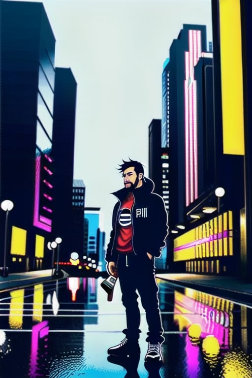 The image is epic, an imposing Japanese man, short and thin, with black hair and a well-kept beard, he has wolfish features, he is wearing an Adidas jacket, tactical cargo pants, high black military boots, he is using a mobile phone. beard, rogue, punk boots, The background represents a cybercity, electrical reflections, mechanical spiders crawl on the floor, pircings,