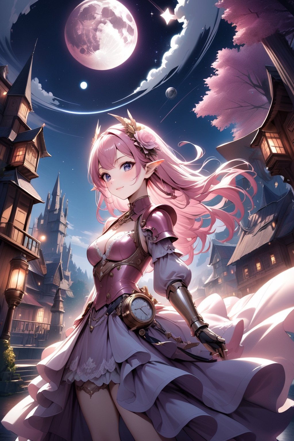 masterpiece, best quality, ultra detailed, absurdres, 1 girl wearing armor, pointy ears,kindly smile,upper body,fantasy world,stone buildings,pink dragon armor, outdoors, sky, cloud, tree, night, watermark, moon, star \(sky\), night sky, scenery, starry sky, planet, breasts, looking at viewer, blush, blue eyes, pink hair, pink long hair, hair ornament, gloves, dress, medium breasts, closed mouth, weapon, cowboy shot, outdoors, , hair flower, pink armor, pink shoulder armor, gauntlets, purple dress, pink pauldrons, pink pink breastplate, britney spears, 20 years, steampunk style, steampunk aesthetic, Girly Cute, medieval steampunk, castle steampunk, cinematic lighting effects, realism, super realistic, masterpiece,best quality,ultra-detailed, dynamic pose, Leather Choker