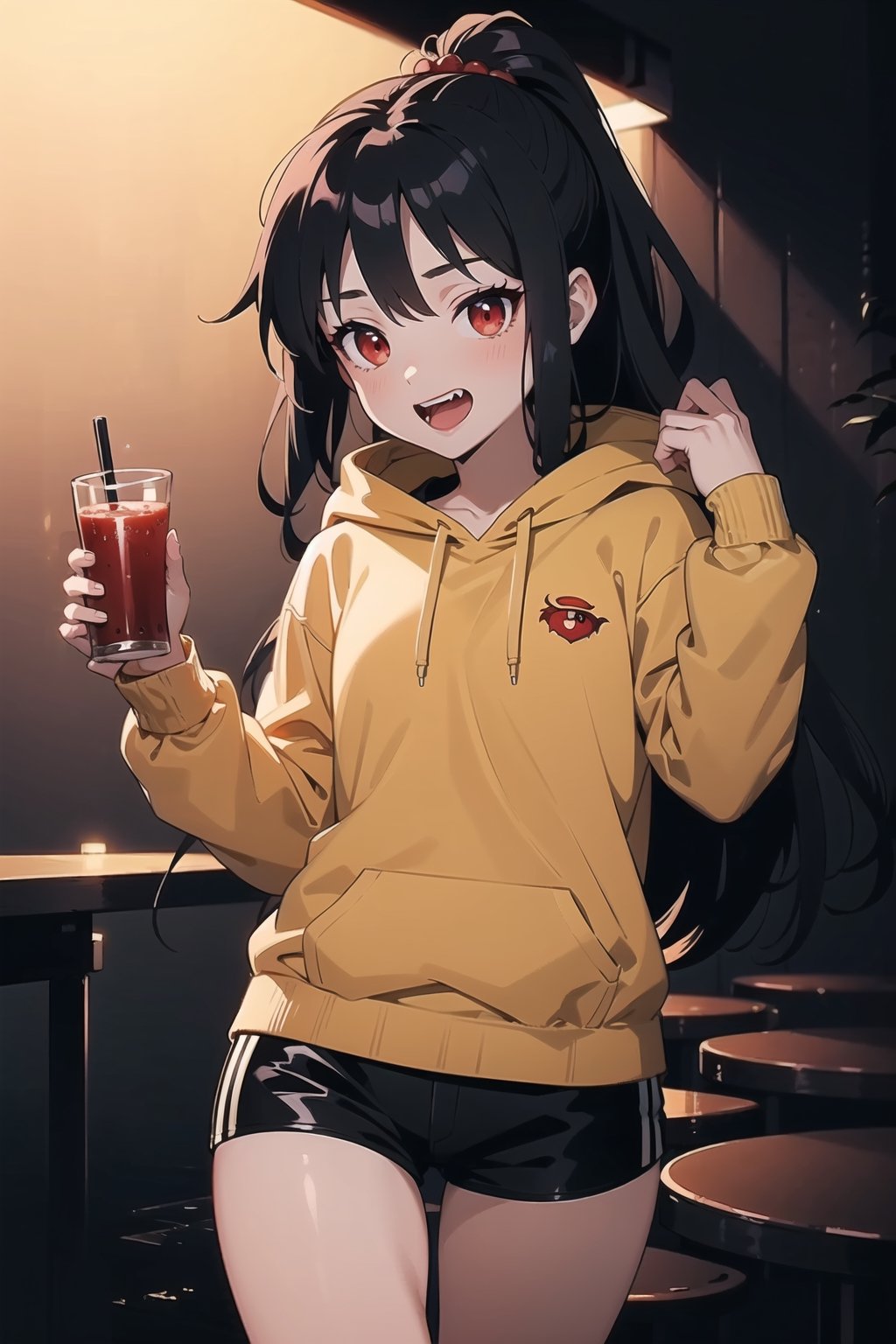 Anime girl, very detailed illustration, 8K.((masterpiece, best quality))). (high quality),(16k),(perfect hand anatomy),masterpiece. (((vampire girl)))) (((long hair black))). red eyes like ruby. wearing a hoodie sweatshirt short shorts. small height 160 cm. vampire teeth. night park. drinking tomato juice through a tube.