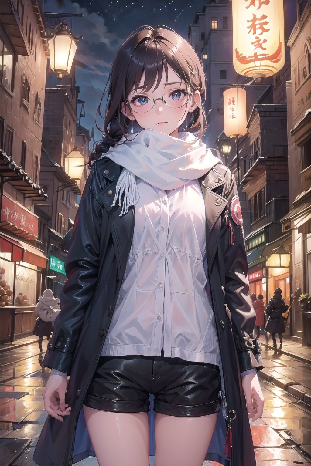 Make an girl. very detailed illustration, 8K, black long coat, black shorts, ((The character is wearing a white scarf))), (partially covering the lower part of her face). ((Add eye glasses)), (((which will emphasize her stern look)))). long hair is braided into a ponytail. (((The background is a night city, the character is illuminated by a single lantern))),