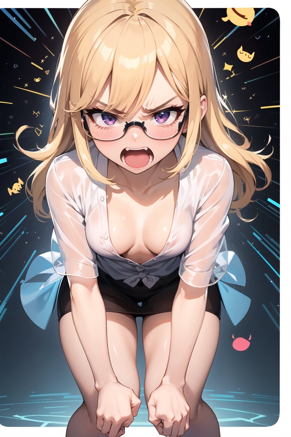 girl bending over in cancer, very detailed illustration, 8K. ((vision glasses)). ((transparent blouse white)). (((anger and embarrassment emoji))) ((small breasts)), ,Anime