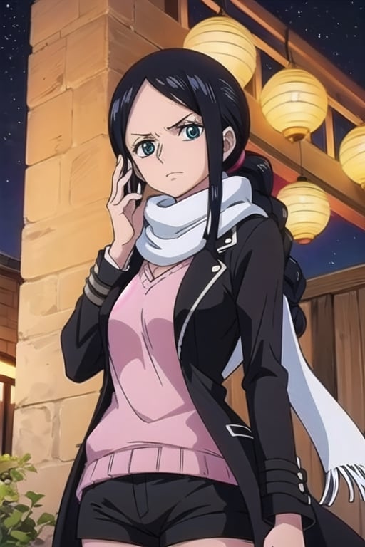 Make an anime girl. very detailed illustration, 8K, black long coat, black shorts, ((The character is wearing a white scarf))), (partially covering the lower part of her face). ((Add eye glasses)), (((which will emphasize her stern look)))). long hair is braided into a ponytail. (((The background is a night city, the character is illuminated by a single lantern))), transparent, Nico Robin.