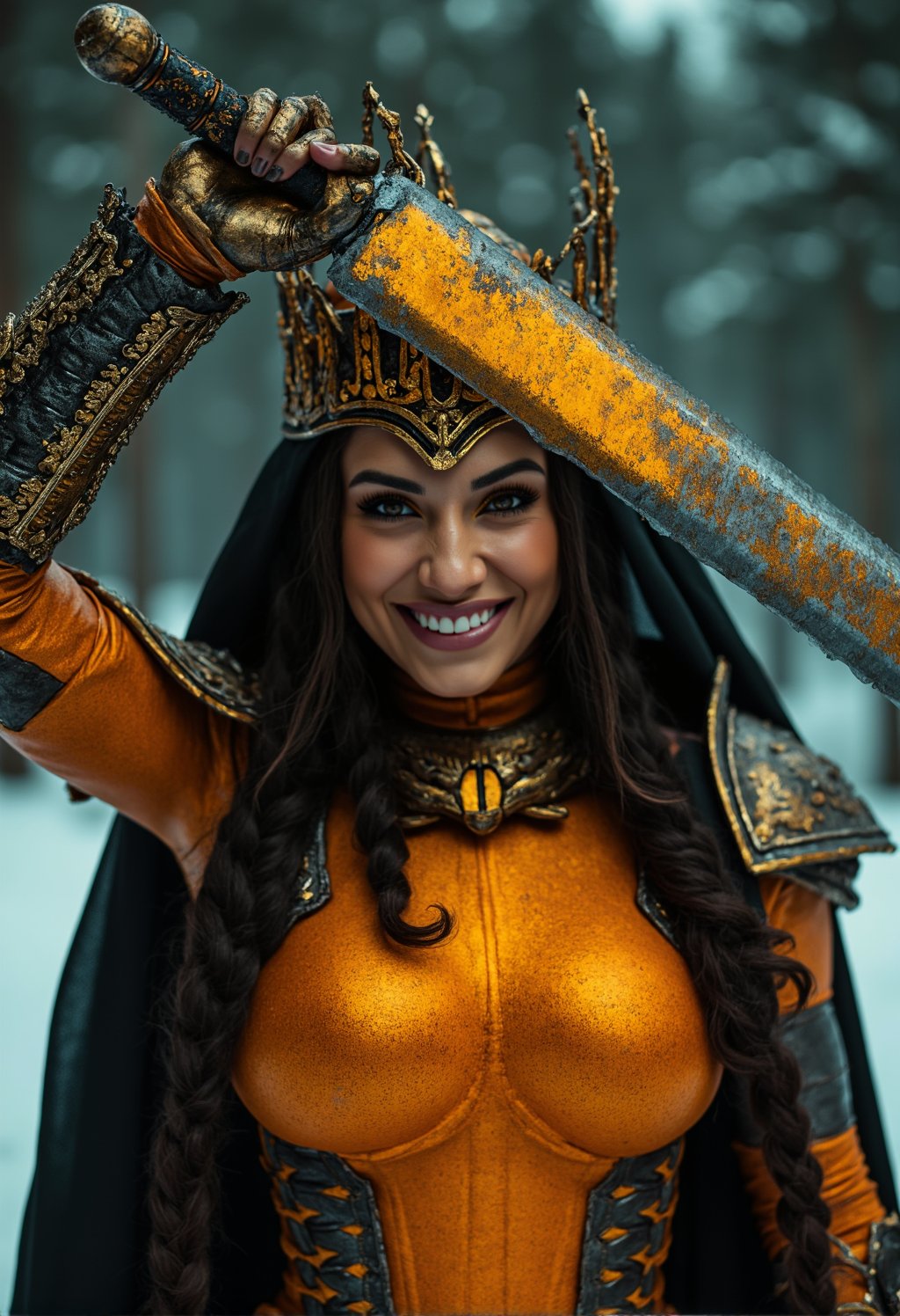 The goddess of war, Extreme Upper Body Closeup Portrait, Vibrant Amber and golden-black color graded. Her face and eyes are shaded by an oversized crown. This eerie armored Bedouin warrior witch MaleniaRot playfully holds the Blade built into Malenia's prosthetic arm up to her face, grinning mischievously. The background is snowy and shadowy, hinting at her connection to ice and frost. The glowing dark outlines define her muscular physique and ornate suit of armor, which includes a translucent amber and black chest piece with intricate designs.