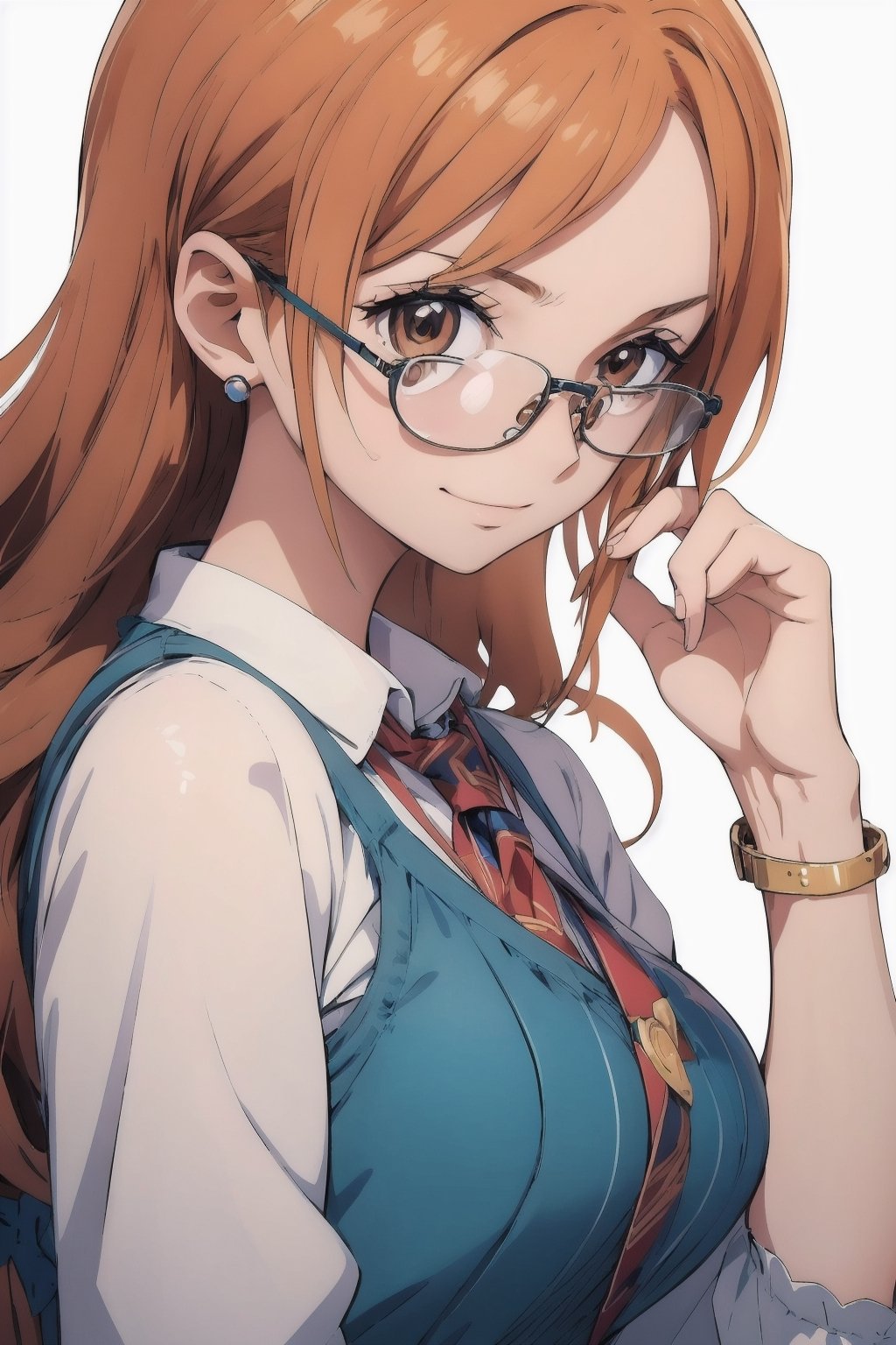 The picture shows a girl, make an anime girl.  very detailed illustration, 8K.  add cute glasses that highlight her stern look