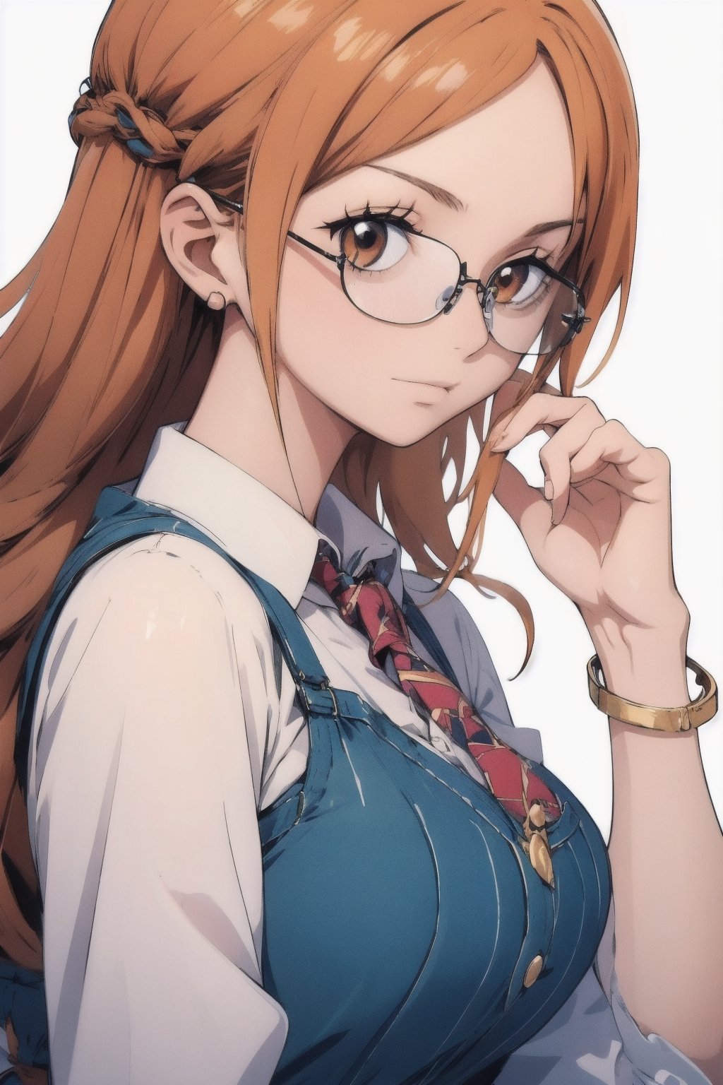 The picture shows a girl, make an anime girl.  very detailed illustration, 8K.  add cute glasses that highlight her stern look
