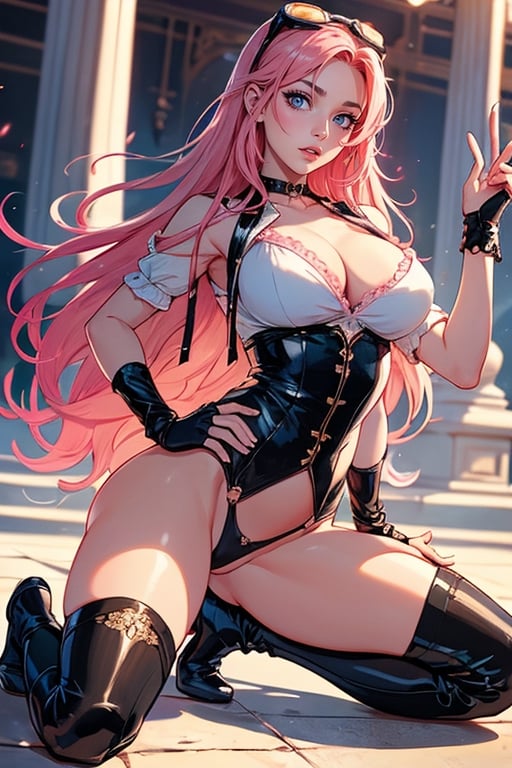 (plays the character Watalidaoli Simca in air gear), 1 girl, solo, smile, perfect face, make-up, stick out tongue, excited face, blush, big breasts, no underwear, black panties exposed, long pink hair, perfect ass, sexy suspender black stockings, wearing white Japanese high school uniform, fingerless gloves, wearing boots, hands near waist, goggles on head, sexy pose, full_body(Best quality, masterpiece, realistic, highly detailed ), 
 ,More Detail