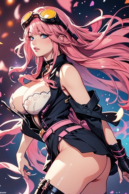 (plays the character Watalidaoli Simca in air gear), 1 girl, solo, smile, perfect face, make-up, stick out tongue, excited face, blush, big breasts, no underwear, black panties exposed, long pink hair, perfect ass, sexy suspender black stockings, wearing white Japanese high school uniform, fingerless gloves, wearing boots, hands near waist, goggles on head, sexy pose, full_body(Best quality, masterpiece, realistic, highly detailed ), 
 ,More Detail