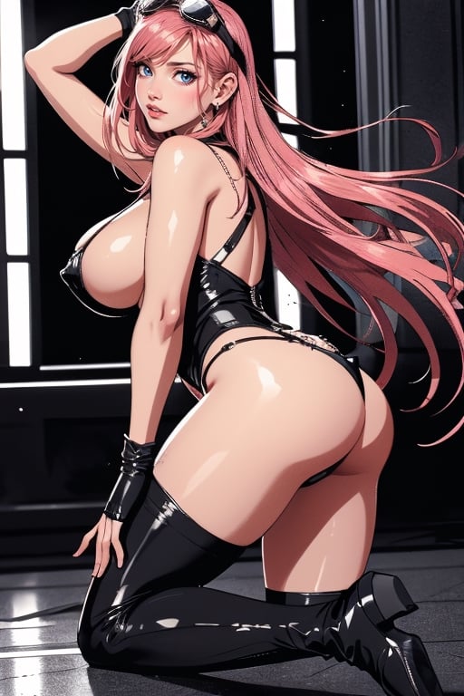 (plays the character Watalidaoli Simca in air gear), 1 girl, solo, smile, perfect face, make-up, stick out tongue, excited face, blush, big breasts, no underwear, black panties exposed, long pink hair, perfect ass, sexy suspender black stockings, wearing white Japanese high school uniform, fingerless gloves, wearing boots, hands near waist, goggles on head, sexy pose, full_body(Best quality, masterpiece, realistic, highly detailed ), 
 ,More Detail,BlackworkStyleManityro, greyscale, monochrome,exposed woman