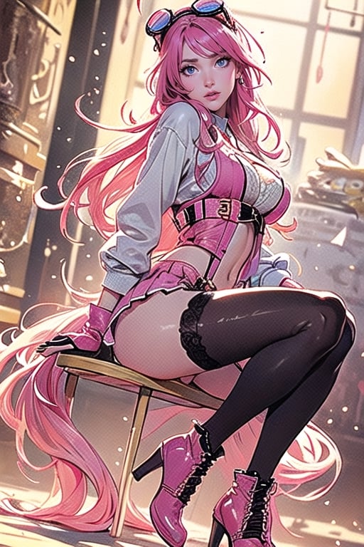 (plays the character Watalidaoli Simca in air gear), 1 girl, solo, smile, perfect face, make-up, stick out tongue, excited face, blush, big breasts, no underwear, black panties exposed, long pink hair, perfect ass, sexy suspender black stockings, wearing white Japanese high school uniform, fingerless gloves, wearing boots, hands near waist, goggles on head, sexy pose, full_body(Best quality, masterpiece, realistic, highly detailed ), 
 ,More Detail