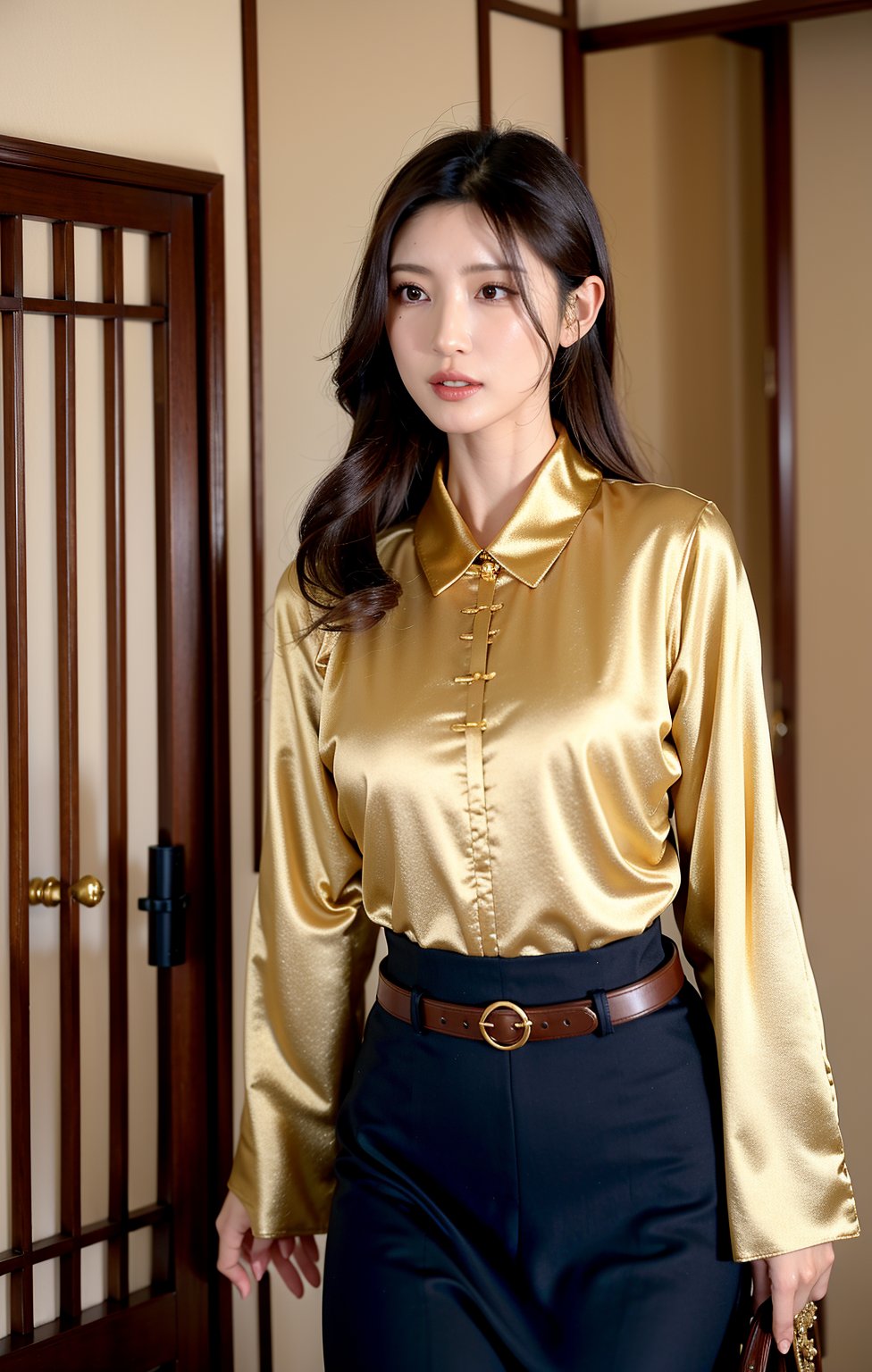 a mature Japanese woman (Lioka) standing indoors next to a wooden door frame. She has a fair complexion, dark straight hair styled neatly with a parting, and dark almond-shaped eyes with defined eyebrows. She is wearing a high-collared, long-sleeved cream blouse with a floral brooch near the collar, and a dark blue skirt with intricate floral embroidery paired with a wide, ornate gold belt. The setting should have natural light coming from the left, highlighting her calm and composed expression, blending traditional and elegant styles. 
Highres, best quality, raw photo, masterpiece, 4k, 8k, blurry background, bokeh.