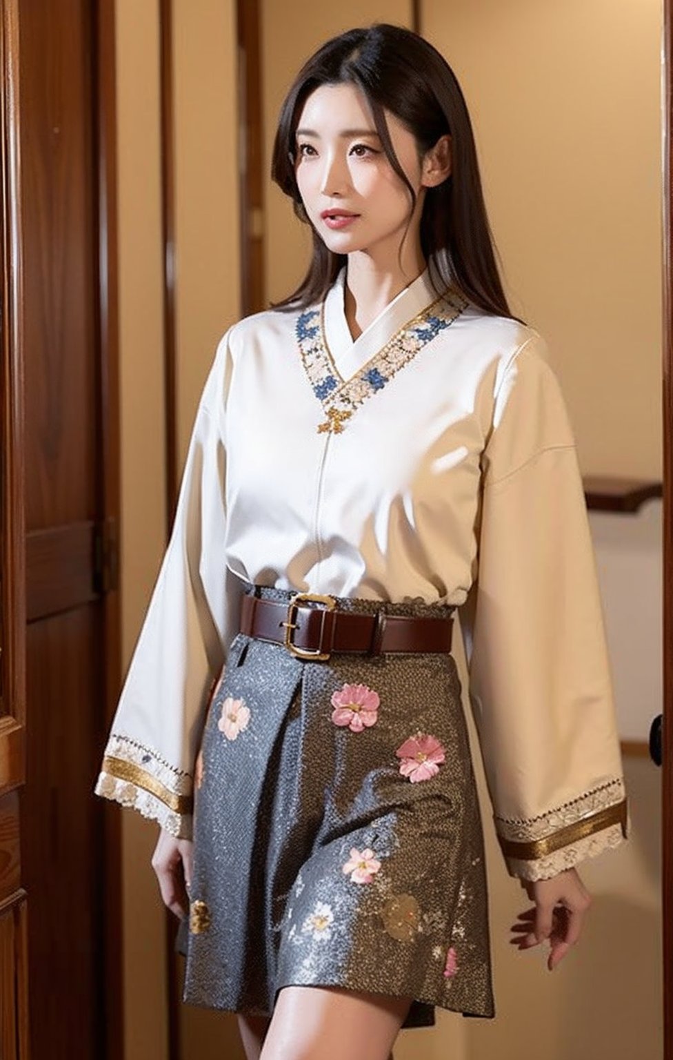 a mature Japanese woman (Lioka) standing indoors next to a wooden door frame. She has a fair complexion, dark straight hair styled neatly with a parting, and dark almond-shaped eyes with defined eyebrows. She is wearing a high-collared, long-sleeved cream blouse with a floral brooch near the collar, and a dark blue skirt with intricate floral embroidery paired with a wide, ornate gold belt. The setting should have natural light coming from the left, highlighting her calm and composed expression, blending traditional and elegant styles,Lioka