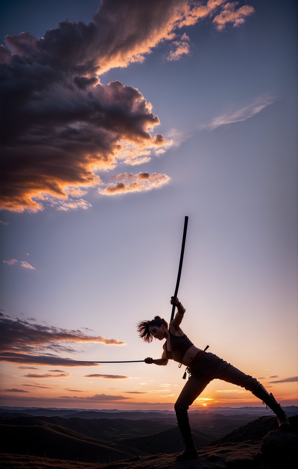 A portrait of the silhouette of a woman swinging a katana on top of a rugged hill. The silhouette is in a dynamic pose, with one leg forward and her body turned slightly to the side to emphasize the swing of the katana. Her posture conveys strength and agility, capturing the fluid motion of the action. The hilltop setting is rugged, with rocky outcrops and sparse vegetation. The sky is a canvas of vibrant colors, blending shades of orange, red, and purple as the sun sets, creating a breathtaking backdrop for the silhouette, enhancing the intensity and drama of the scene.