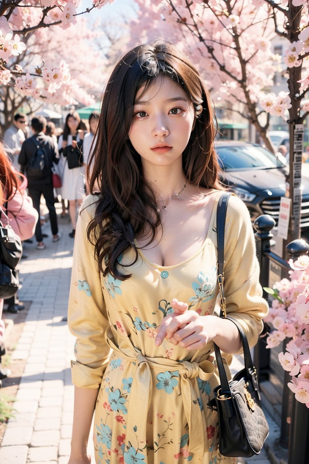 A 16-year-old Japanese beauty,in the sakura flowers.Turn slightly,yellow dress