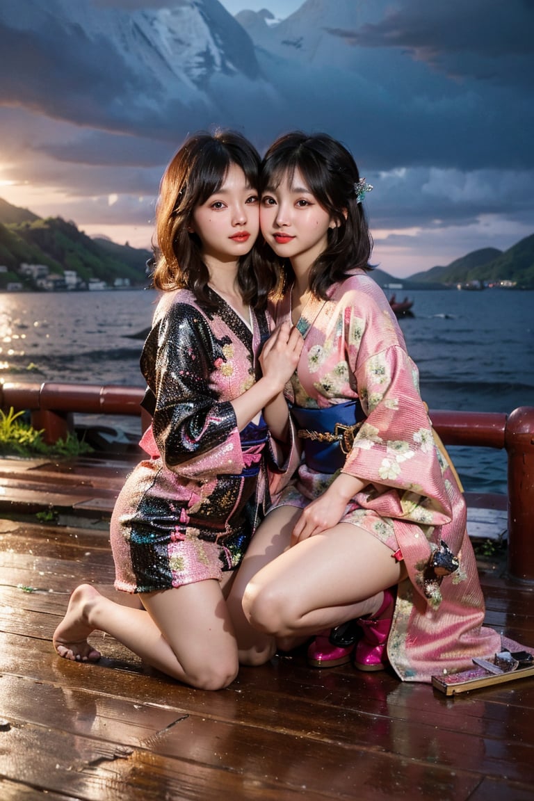  (((2girls kissing))), (((long hair with blunt bangs))) ,(Beautiful and detailed eyes), (kimono),((chubby)),
(masterpiece:1.4), (best quality:1.4), super fine illustration,an extremely cute and beautiful girl,highly detailed beautiful face and eyes, cute little girl, sad, (full_body), perfect hands, hide hand, absurdres, highres, ultra detailed, BREAK
((foggy lake background)), ((two high school girls kneeling)), school, most beautiful korean girls, Korean beauty models, idol face, gorgeous girls, 13yo, over sized eyes, big eyes, smiling, looking at viewer,