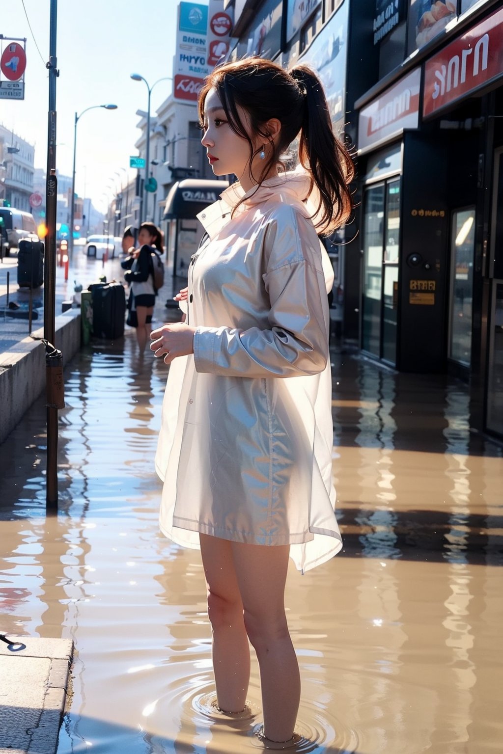 (over sized eyes),Generate hyper realistic image of A girl wearing a raincoat is standing on a flooded street with water up to her knees. Her white hair is styled in a chic ponytail, drawing attention to her striking profile and luscious lips, while dangling earrings catch the light.