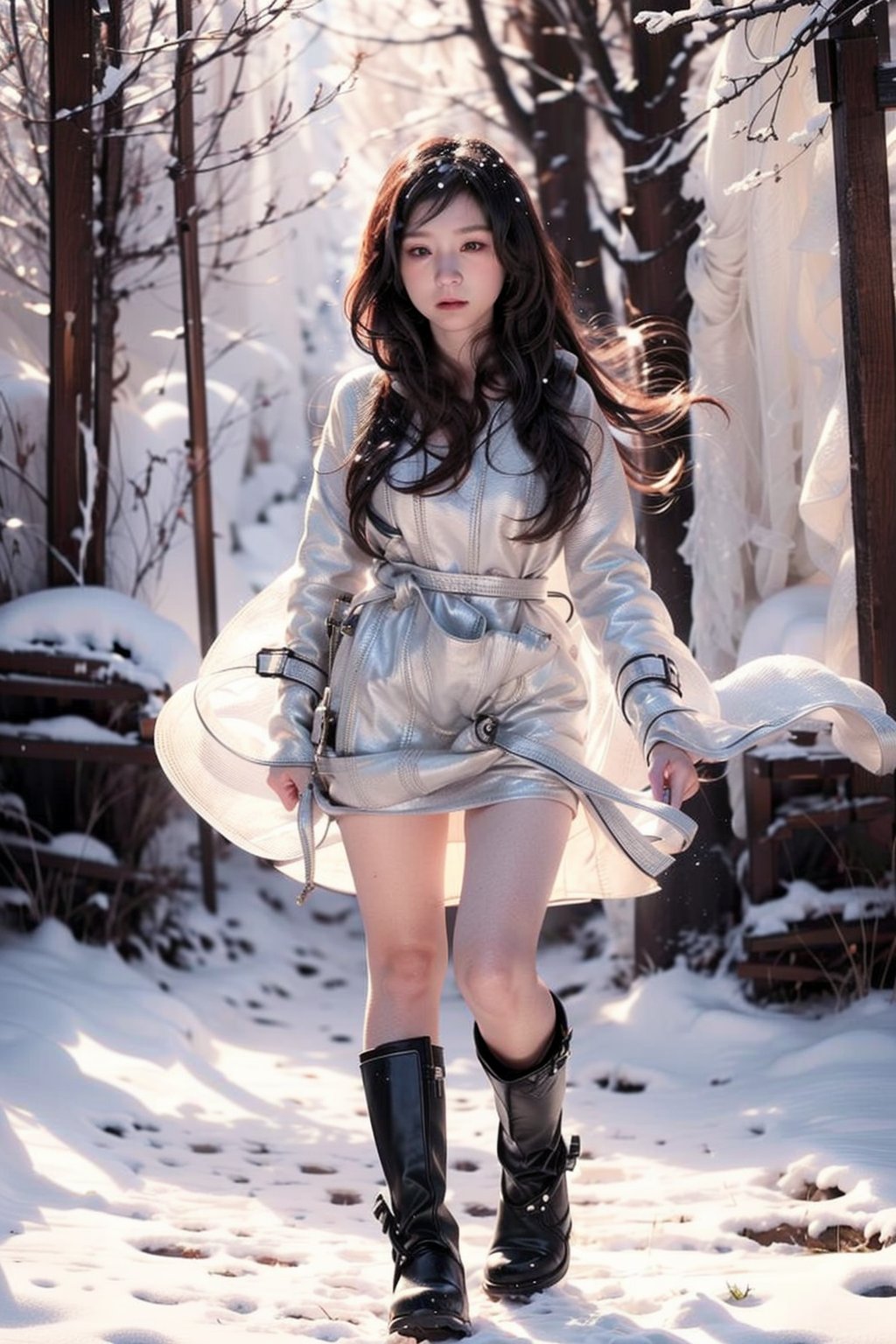 主：(foggy woods),((Full body image)),(((standing lags apart))),
人：1litte 12yo gril (Child:1.2),
體：Beautiful girly body proportions,smaller body frame,
髮：(wind blow her very long hair),
服：Low-cut sheer academic gown,(((snow boots))),