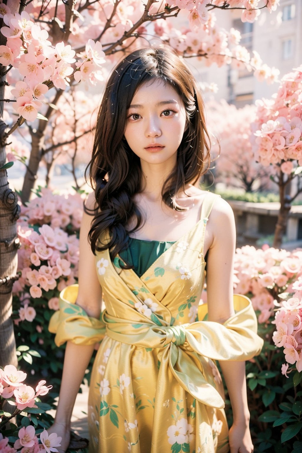 A 16-year-old Japanese beauty,in the sakura flowers.Turn slightly,yellow dress