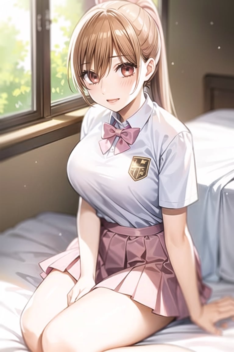 (masterpiece:1.3),best quality, (sharp quality), brown hair, ponytail hairstyle(Light pink hair tie),  brown eyes, solo (full body),big breasts, Beautiful white student uniform ( White top, light blue bow tie, short skirt, short sleeves), floral design,beautiful day,  Japanese tea,Hair fluttering, sunlight,chihaya_ayase,legs,shy smile, on the bed in the room