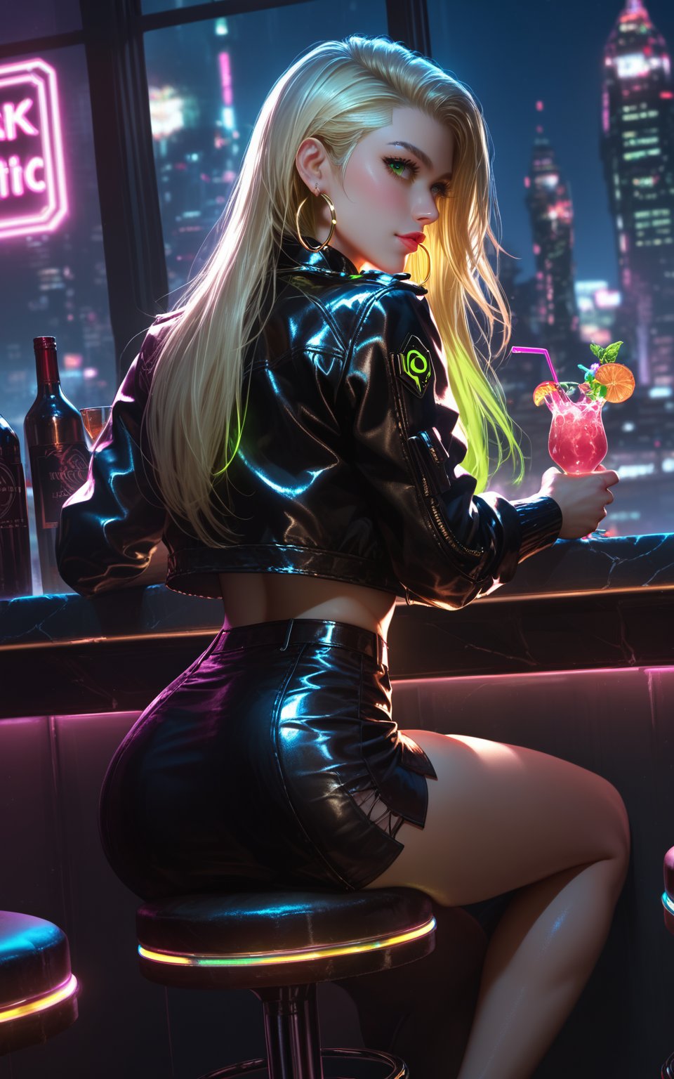 (score_9, score_8, score_7, realistic, highly detailed, science fiction, cyberpunk, (very long silky straight hair:1.16), stunningly gorgeous and sexy rapunzelwaifu is sitting on a barstool in a bar, she is wearing a shiny cropped leather jacket with glowing high tech accents and a black leather mini-skirt, crossed legs,  perfect green eyes, blonde, hoop earrings, polished chrome limbs, vibrant city lights, dark and gritty atmosphere, glowing neon highlights, back lighting, light passing through hair, window with a view of the city at night, low light, darkness, cocktail, dutch angle,Expressiveh