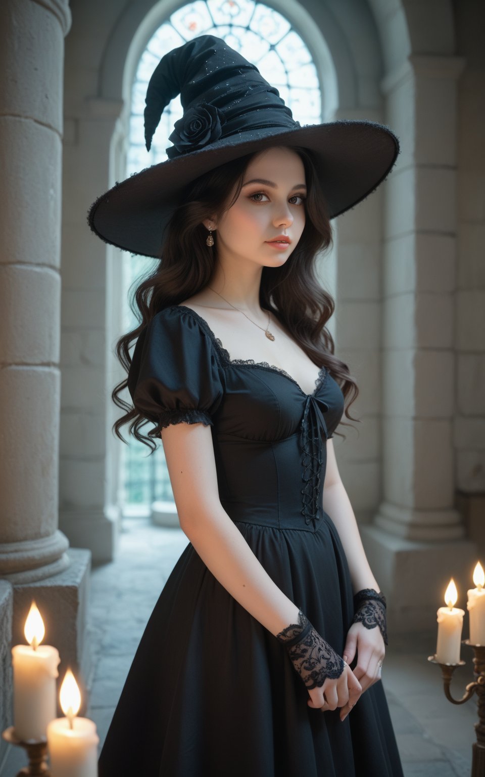 score_9, score_8_up, score_7_up), A captivating scene featuring a stylish witch standing in a dimly lit room filled with flickering candles. The witch has long, flowing hair and wears an ornate black dress with layers of ruffles, complemented by a wide-brimmed hat adorned with decorative elements. The atmosphere exudes a mystical and enchanting vibe, enhanced by warm golden hues from the candlelight casting soft shadows. The background showcases intricate gothic architecture, with stone walls and archways, creating a sense of mystery. Soft glimmers of light dance around, along with delicate details like ornate jewelry and lace gloves. The overall aesthetic blends elements of fantasy and elegance, evoking a rich, hyperrealistic style,real life photo