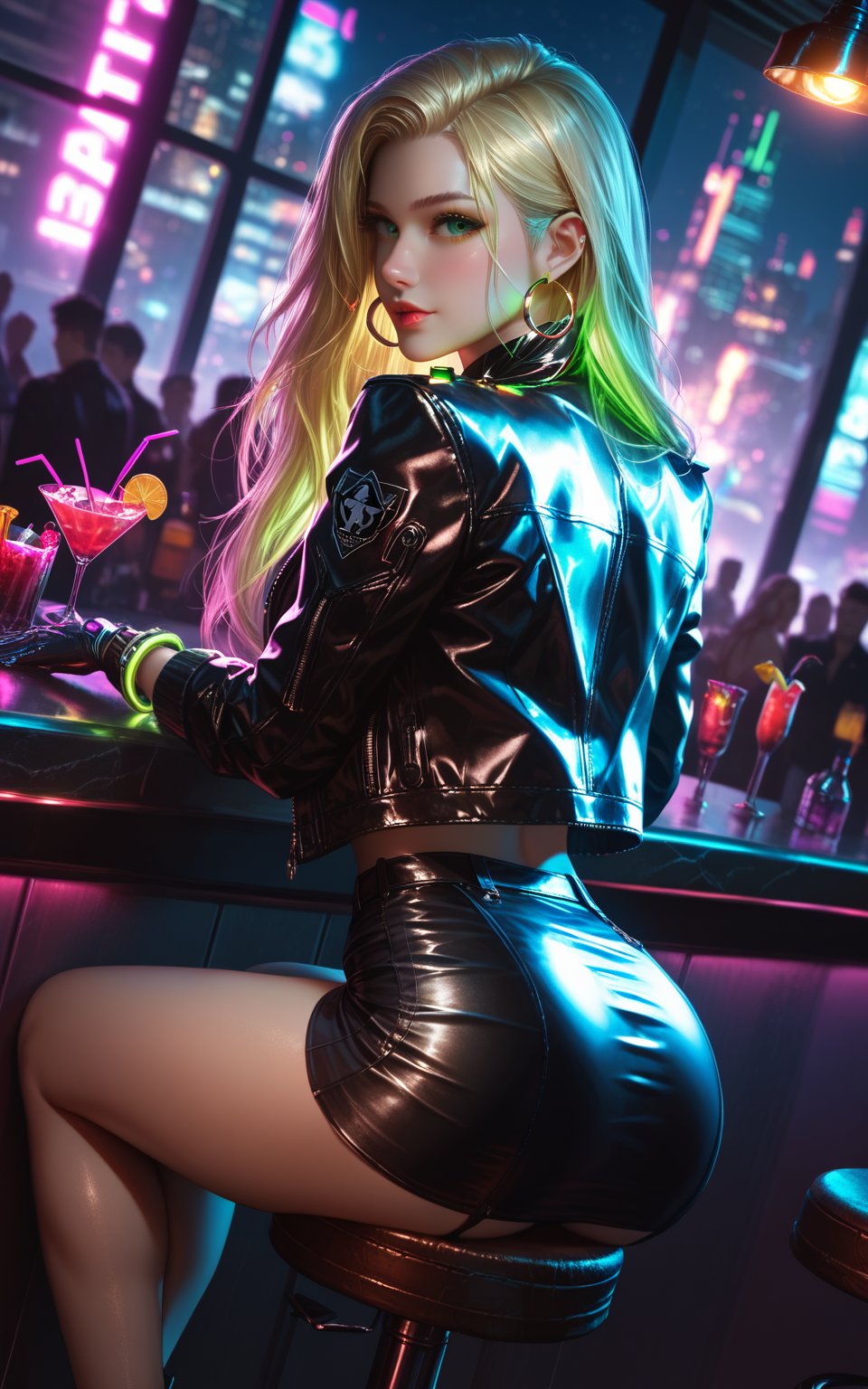 (score_9, score_8, score_7, realistic, highly detailed, science fiction, cyberpunk, (very long silky straight hair:1.16), stunningly gorgeous and sexy rapunzelwaifu is sitting on a barstool in a bar, she is wearing a shiny cropped leather jacket with glowing high tech accents and a black leather mini-skirt, crossed legs,  perfect green eyes, blonde, hoop earrings, polished chrome limbs, vibrant city lights, dark and gritty atmosphere, glowing neon highlights, back lighting, light passing through hair, window with a view of the city at night, low light, darkness, cocktail, dutch angle,Expressiveh