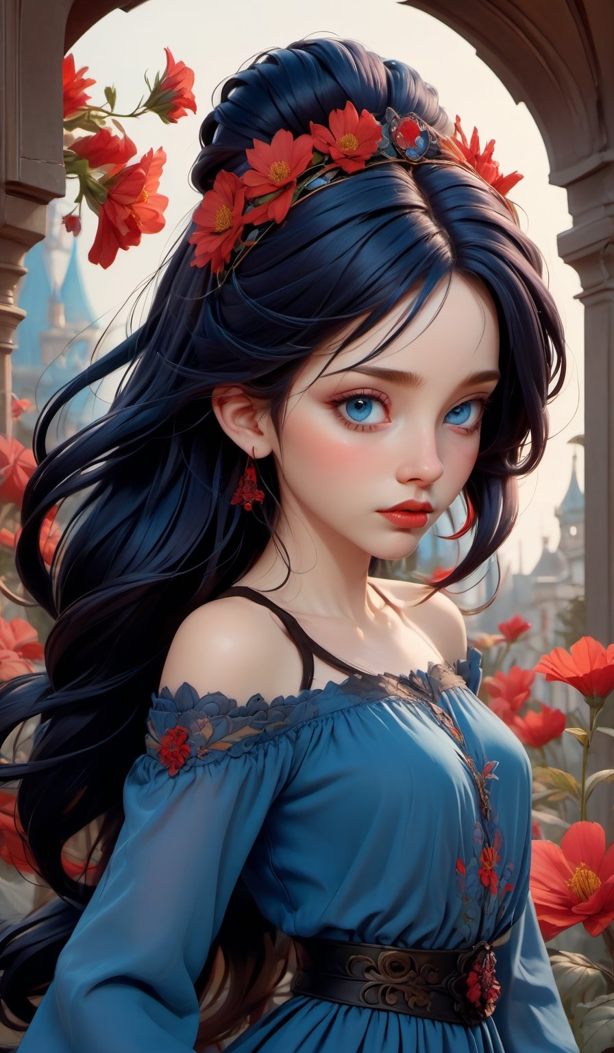 goth girl, blue eyes, red flower in her hair, Alphonse Mucha style, hyper-detailed, fuzze, dispersion, flicker, 3d effect, 16k, surrealism, careful drawing of details, off shoulder blouse, cleavage, volumetric watercolor, aesthetic, realistic, dark botanical, digital-art, dark fantasy, hyper detail, illustration, trending on artstation, sharp focus, studio photo, intricate details, highly detailed

,3d toon style