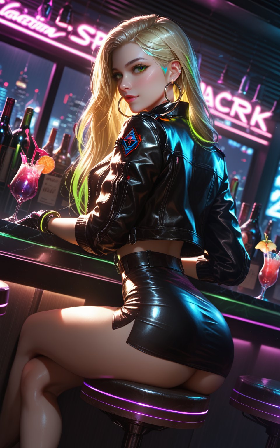 (score_9, score_8, score_7, realistic, highly detailed, science fiction, cyberpunk, front view, (very long silky straight hair:1.16), stunningly gorgeous and sexy rapunzelwaifu is sitting on a barstool in a bar, she is wearing a shiny cropped leather jacket with glowing high tech accents and a black leather mini-skirt, crossed legs,  perfect green eyes, blonde, hoop earrings, polished chrome limbs, vibrant city lights, dark and gritty atmosphere, glowing neon highlights, back lighting, light passing through hair, window with a view of the city at night, low light, darkness, cocktail, dutch angle,Expressiveh