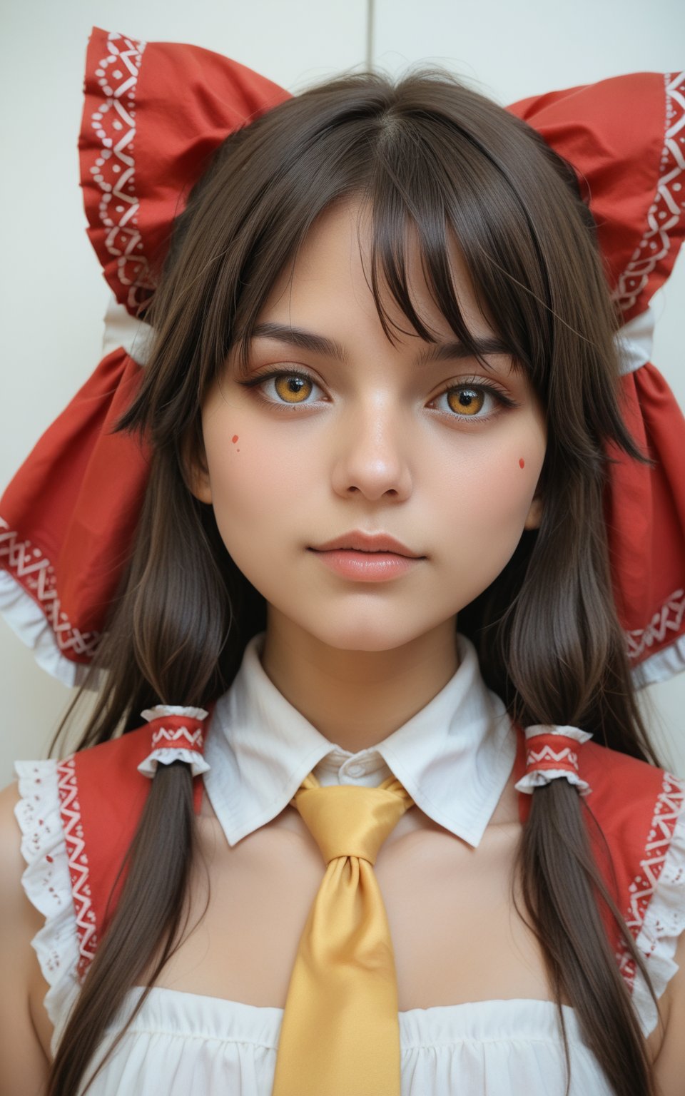 score_9, score_8_up, score_7_up, masterpiece,best quality, traditional media, 1girl,solo,upper body,close-up,hakurei reimu,yellow tie, real life photo