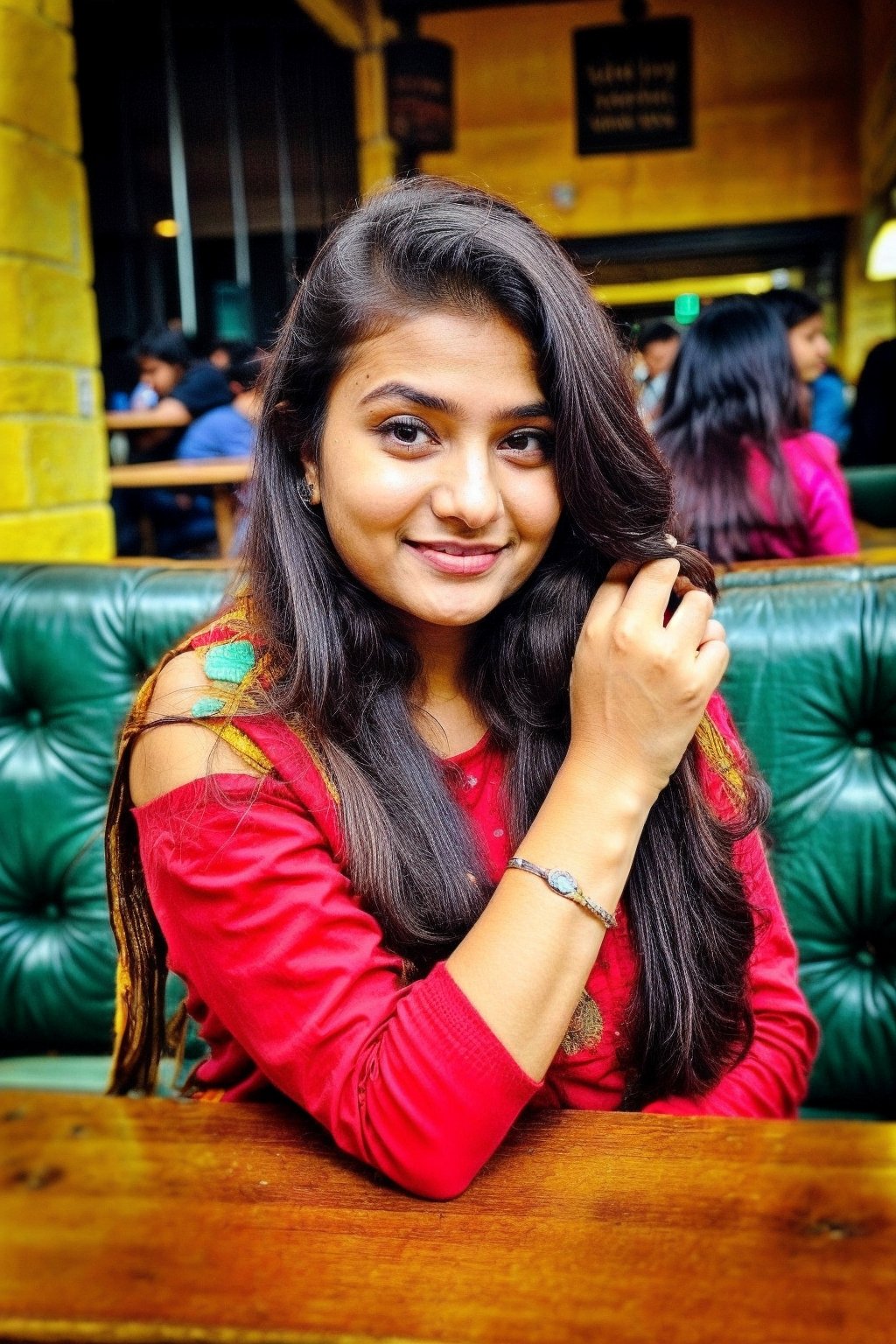 beautiful cute young attractive indian teenage girl, village girl, 18 years old, cute,  Instagram model, long black_hair, colorful hair, warm, cafe, indian