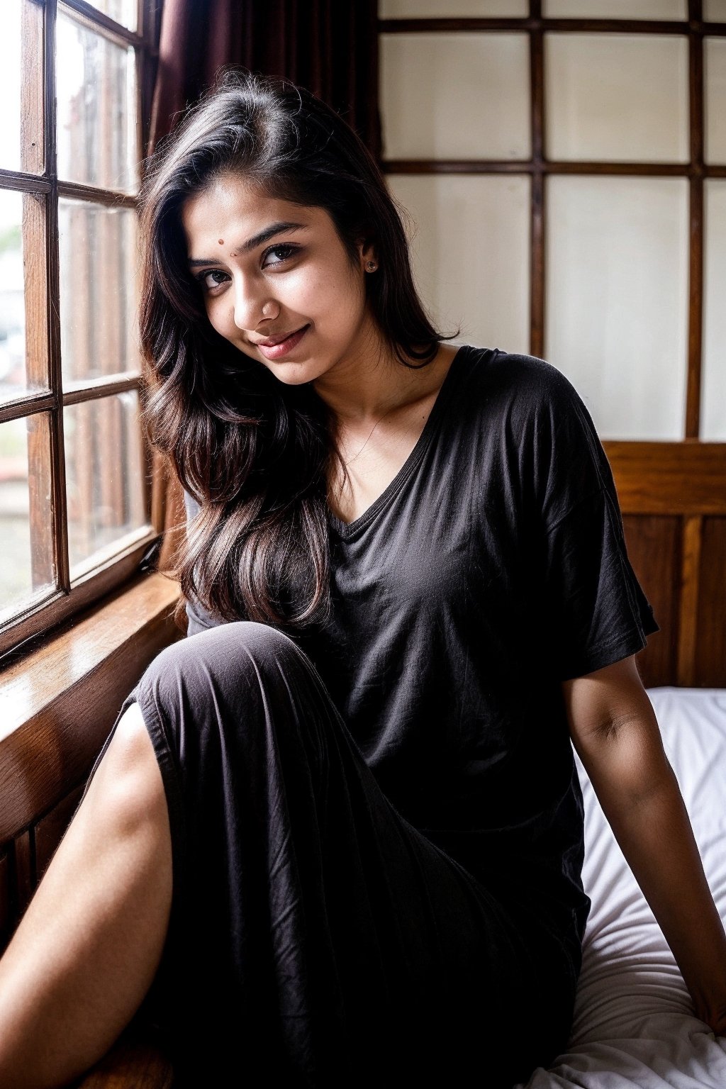 beautiful cute young attractive indian teenage girl, 18 years old, cute,  Instagram model, long black_hair, colorful hair, warm, at home,1girl, solo, indian, bed, wearing bedsheet, posing, window light, long hair, teenager, 18 year old, cute indian girl, sexy, attractive