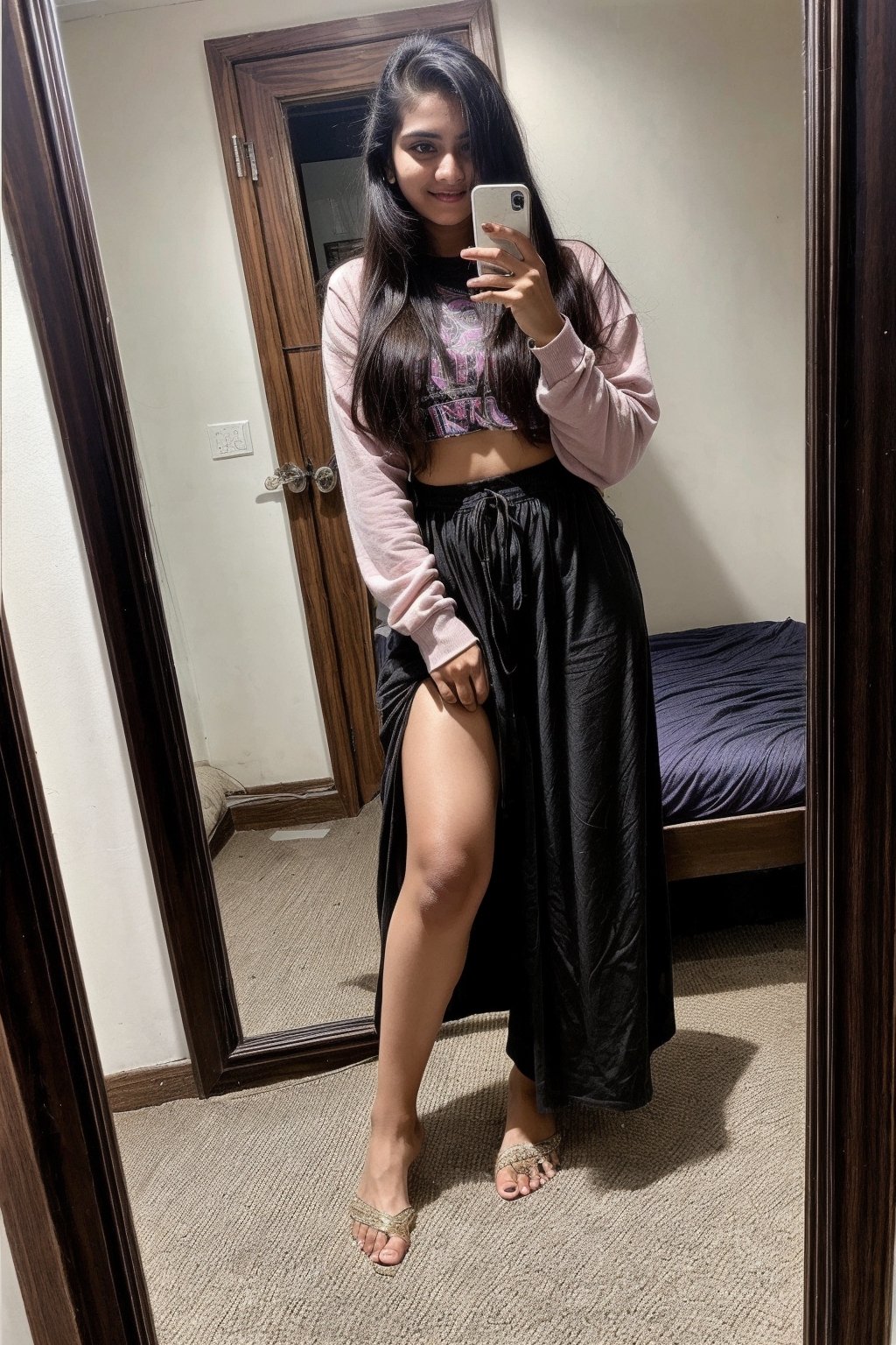 beautiful cute young attractive indian teenage girl, 18 years old, cute,  Instagram model, long black_hair, colorful hair, warm, at home, indian, mirror selfie, full body

