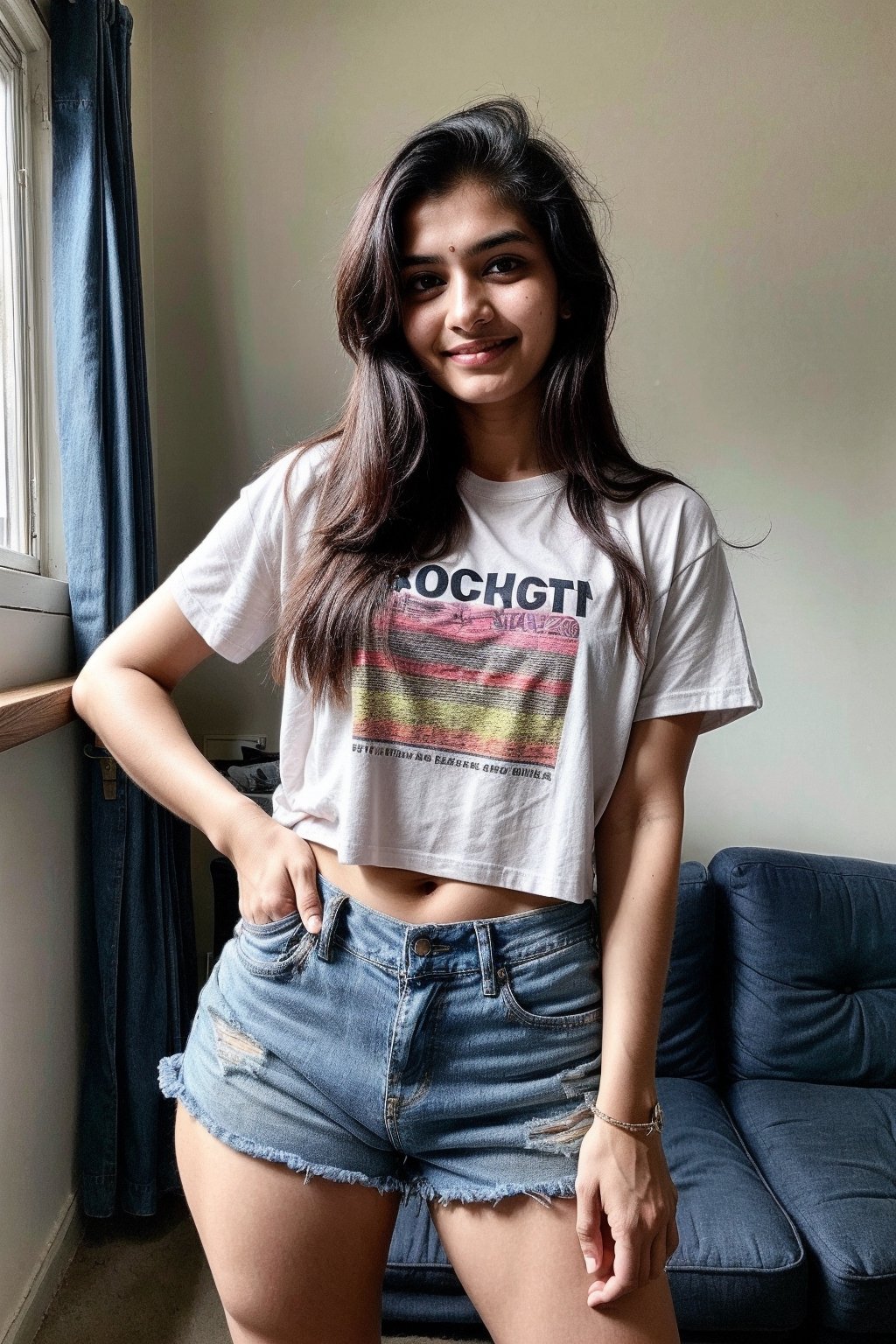 beautiful cute young attractive indian teenage girl, 18 years old, cute,  Instagram model, long black_hair, colorful hair, warm, at home, indian,  full body, tshirt, denim shorts

