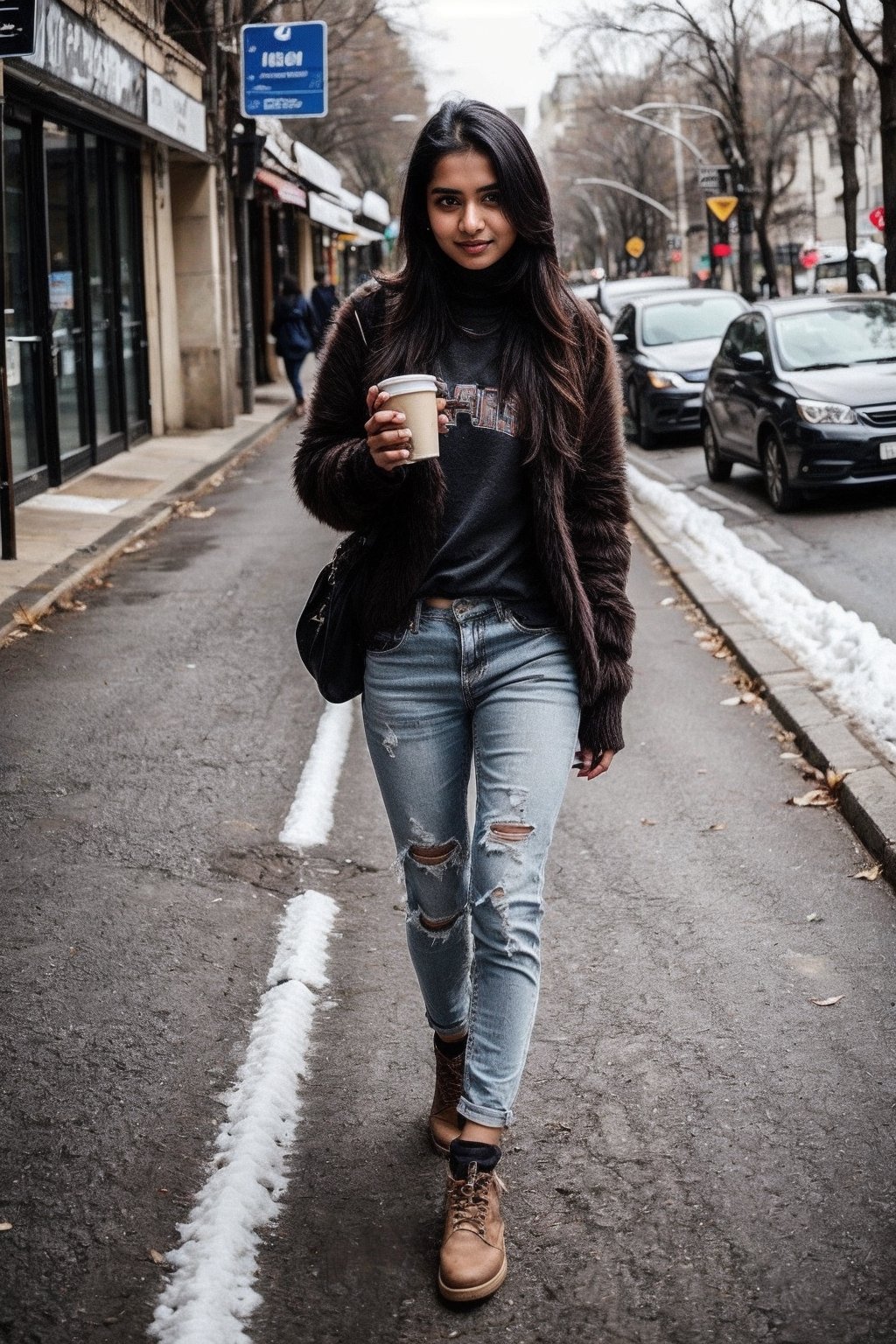 beautiful cute young attractive indian teenage girl, 18 years old, cute,  Instagram model, long black_hair, colorful hair, warm, cafe, indian, smart casuals, walking on a street, winter_clothes
