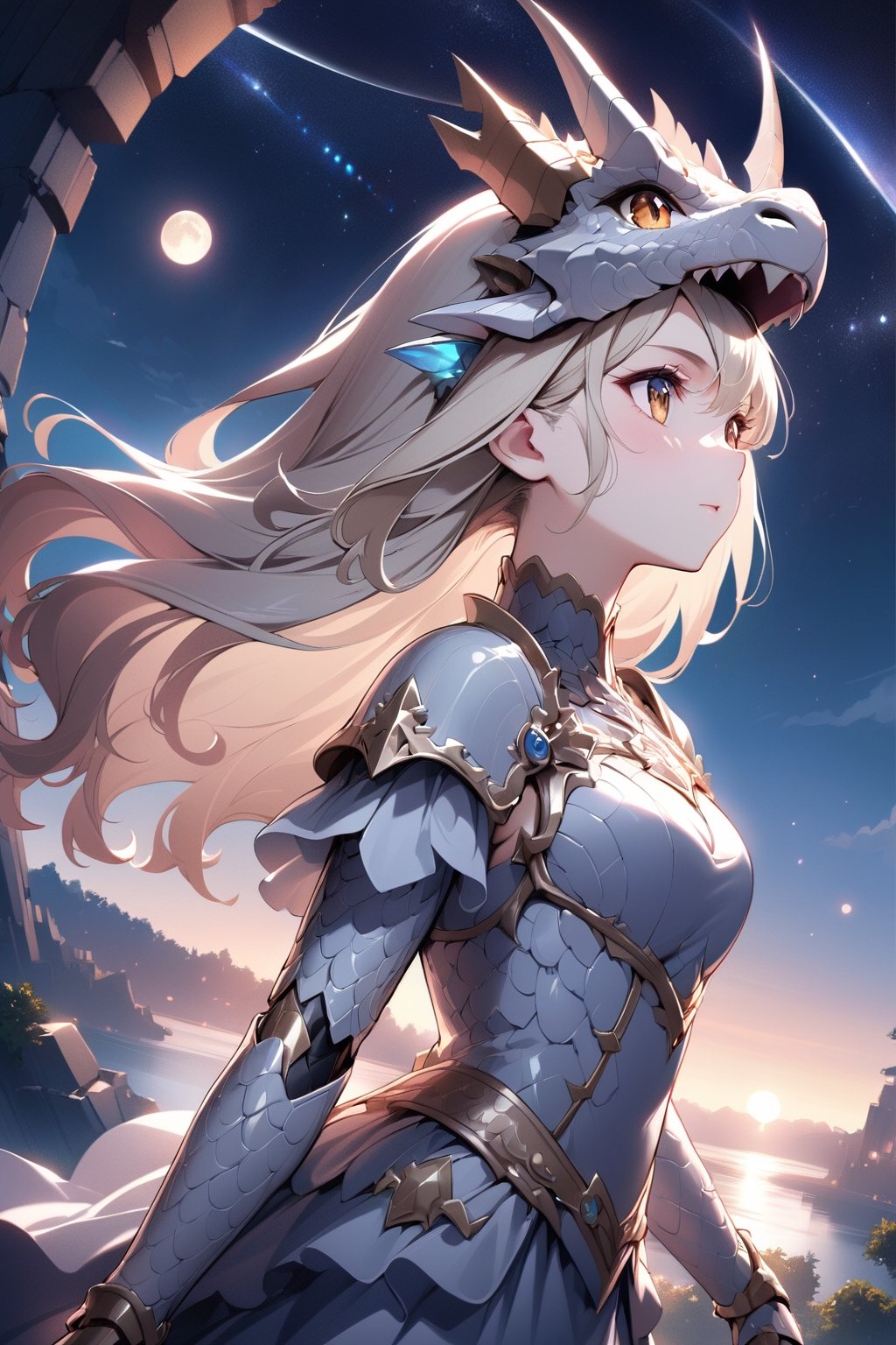 European style, fantasy, solo, cute girl, wearing dragon armor, blond long hair, faithing,, ruins, upper body, masterpiece, best quality, ultra detailed, extremely delicate and beautiful, textile shading, caustics, sharp focus,dragon armor,more detail XL, outdoors, sky, cloud, tree, night, watermark, moon, star \(sky\), night sky, scenery, starry sky, planet, ruins, A lot of depth, Bokeh, A young girl in dragon armor, full_portrait, portrait, 256k