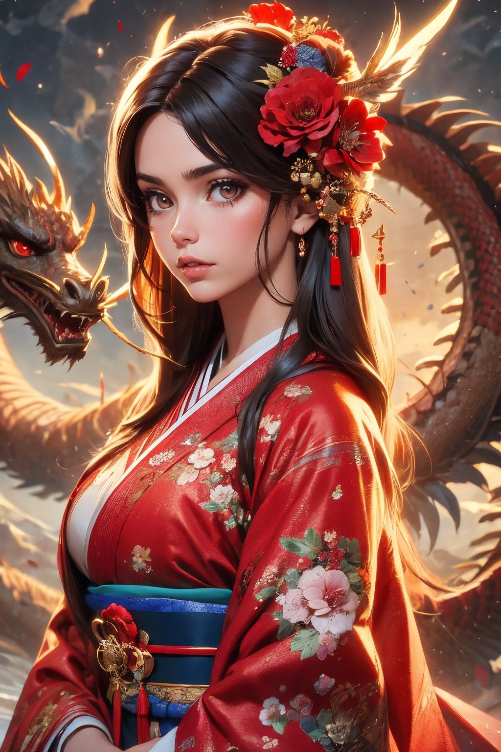 1girl, solo, long hair, breasts, looking at viewer, black hair, hair ornament, red eyes, upper body, flower, parted lips, japanese clothes, hair flower, kimono, from side, lips, heterochromia, beauty face, beautiful, pretty, Dream Moon, dragon, dreamlike atmosphere, detailed face, bright skin, powerful appearance, ethereal aura