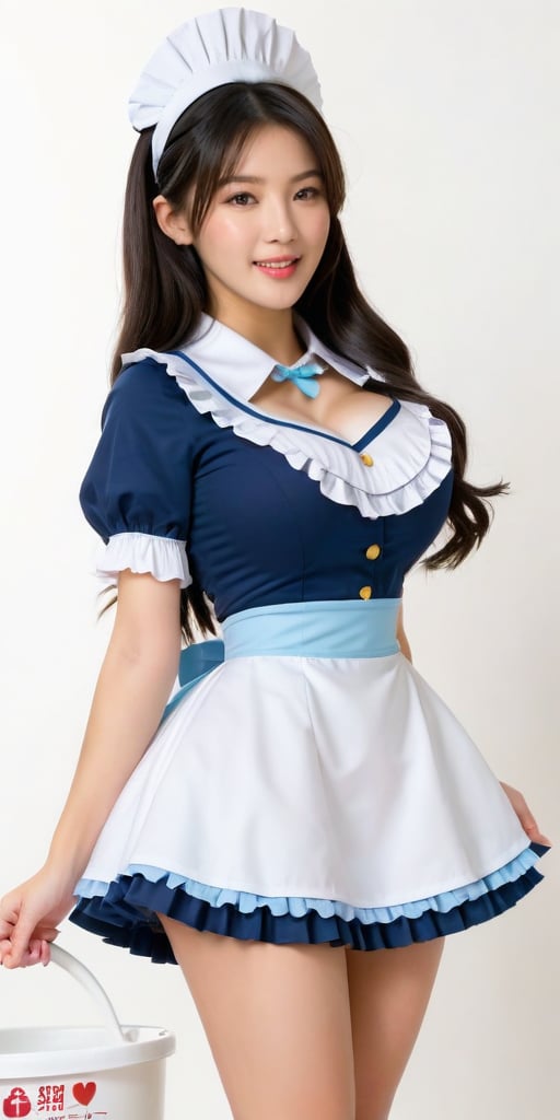 Full body image, character design, 1 girl, solo, back to the audience, long black hair, casually tied hairstyle, big brown eyes, random color heart pattern maid uniform, model figure, random maid headdress, random heart pattern maid uniform short skirt , random pattern underwear, pure white background, childlike face with big breasts, pert buttocks, randomly holding cleaning tools, pure white skin, round and big ass, wearing messy colored high-heeled leather shoes, Blu-ray 8K quality.