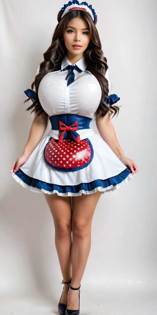 Full body image, character design, 1 girl, solo, back to the audience, long black hair, casually tied hairstyle, big brown eyes, random color heart pattern maid uniform, model figure, random maid headdress, random heart pattern maid uniform short skirt , random pattern underwear, pure white background, childlike face with big breasts, pert buttocks, randomly holding cleaning tools, pure white skin, round and big ass, wearing messy colored high-heeled leather shoes, Blu-ray 8K quality.